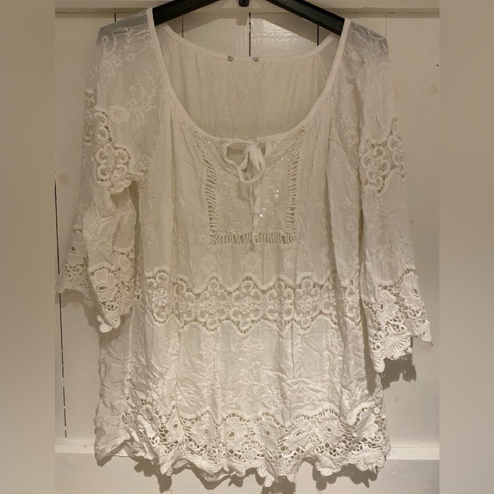 Gorgeous Lace Scoop Neck Silky Antique Blouse Sz S/M